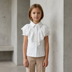 Блузка короткий рукав з жабо Айворі